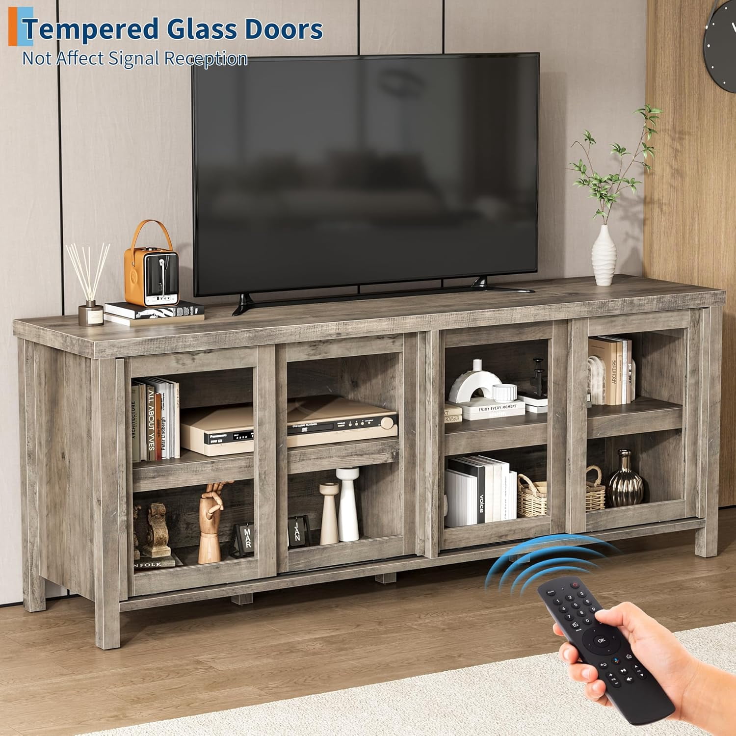 TV Stand for 65 Inch, Entertainment Center with Storage Cabinet and 4 Sliding Glass Doors, Mid Century Modern Media TV Console Table for Living Room Bedroom