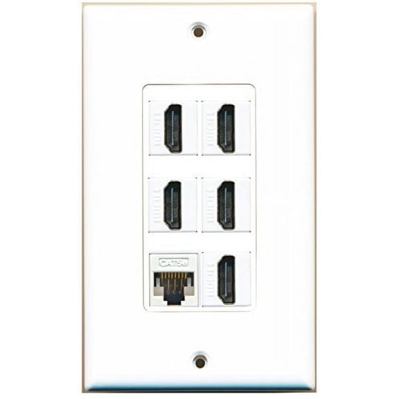 RiteAV - 5 Port HDMI 1 Cat5e Ethernet White Wall Plate Decorative