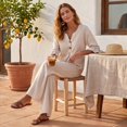 thumbnail image 7 of Women's 2 Piece Linen Matching Set V Neck Ruffle 3/4 Sleeve Button Down Gingham Plaid Top Wide Leg Pants Casual Outfit, S, 7 of 7