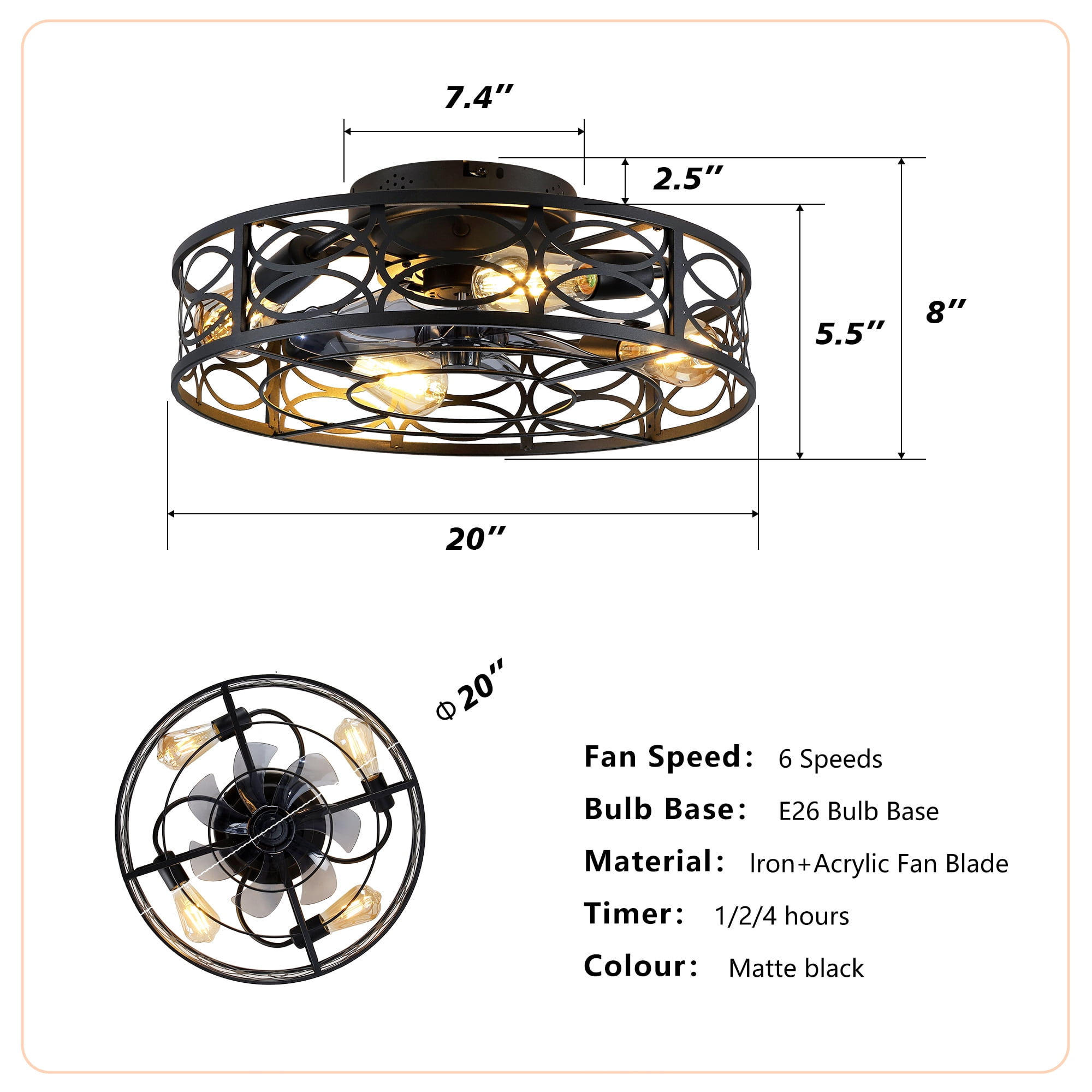 Leumius 20" Caged Ceiling Fans with Lights and Remote, Flush Mount Caged Ceiling Fan 6 Speed Reversible with Remote Control for Living Room Bedroom Dining Room Bronze (NOT Included Bulbs)