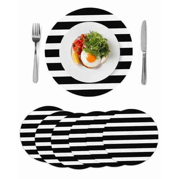 Black Striped Round 15 Inch Placemats Set of 6, Modern Simple Monochrome Geometric White HeatResistant Non Slip Place Mats for Dining Table, Wipeable Braided Kitchen Table Mats for Housewarming