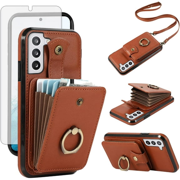 MYKOMI Phone Case for Samsung Galaxy S21 FE 5G Wallet Cell Cover with Screen Protector and Crossbody Strap Ring Stand RFID Credit Card Holder S 21 EF S21FE5G UW S21FE 21S G5 6.4 inch Women Girls