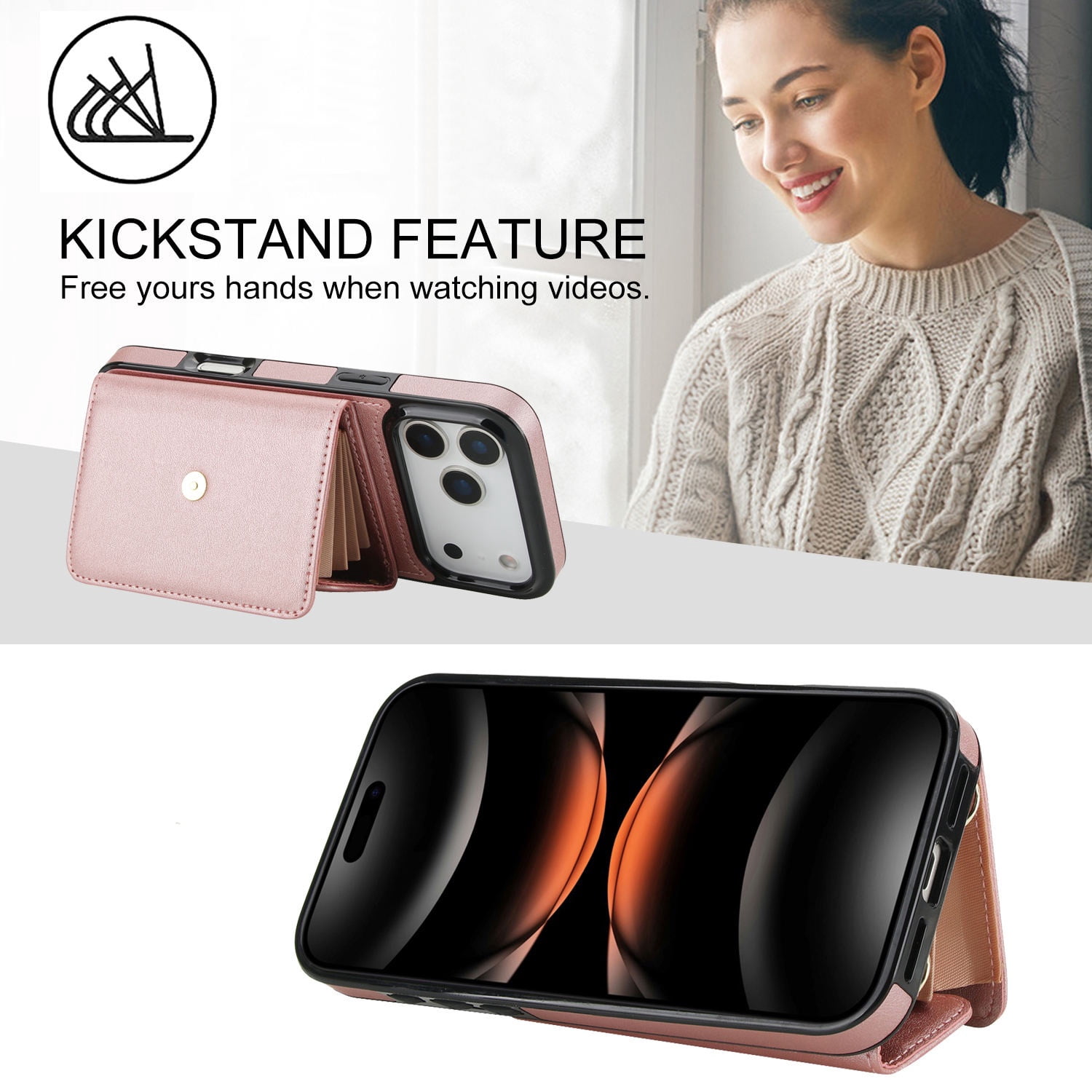 Wallet Case with 8 Card Slots & Cross Body Strap for iPhone 17 Pro - Rose Gold