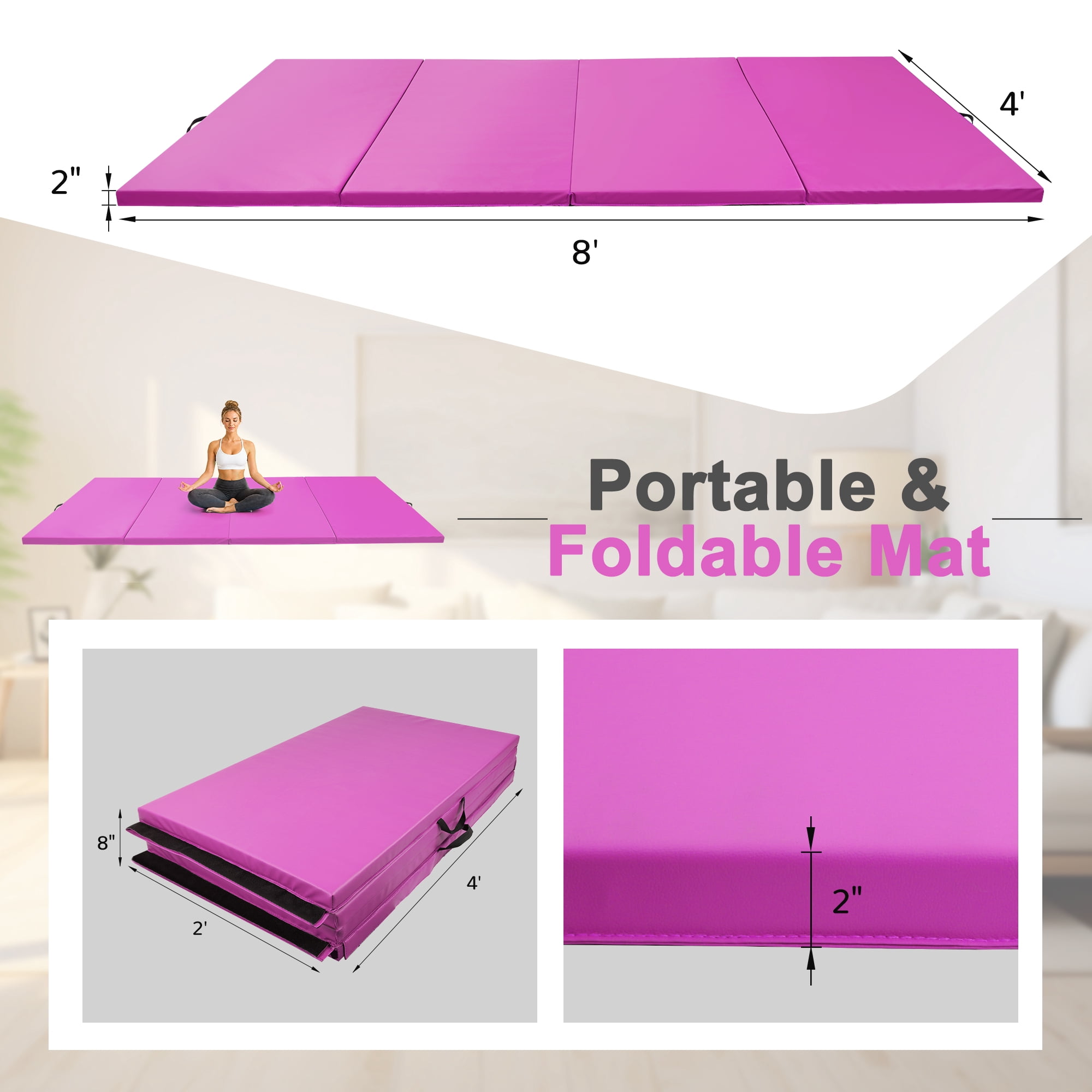 Sprint Demon 4FT x 8FT Folding Gymnastics Mat, Thick 2-Inch Exercise Mat with Vinyl Surface and Carrying Handles for Tumbling, Home Gym, Martial Arts, Yoga and Pilates, Pink