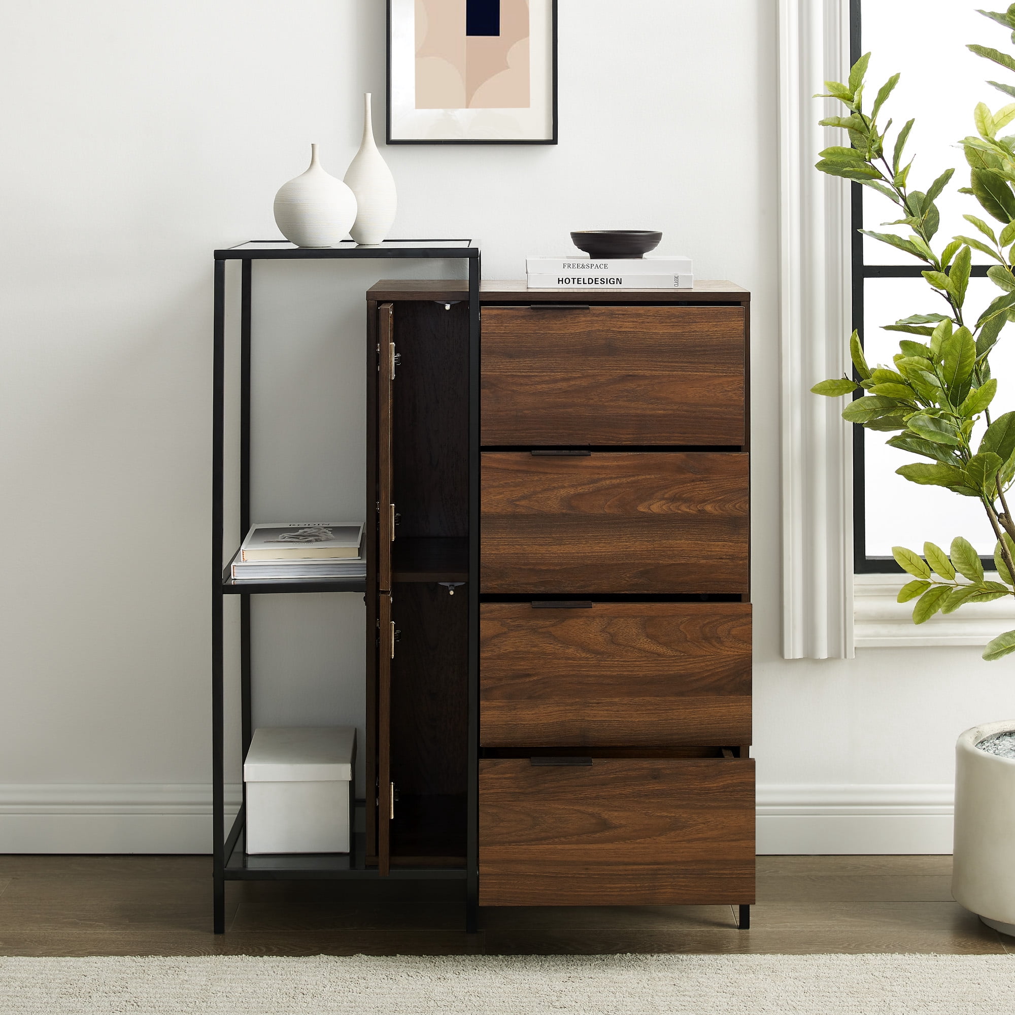 Manor Park Modern Asymmetric Metal and Wood Accent Chest, Dark Walnut