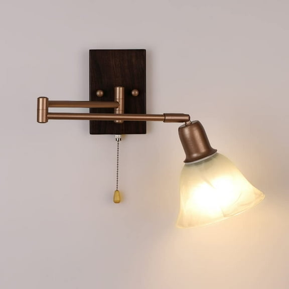 Swing Arm Wall Sconce Vintage Frosted Glass Wall Lamp Bedside Wall Light with Hanging Chain Switch, Antique Wall Mount Lighting Fixtures for Reading Bedroom Living Room