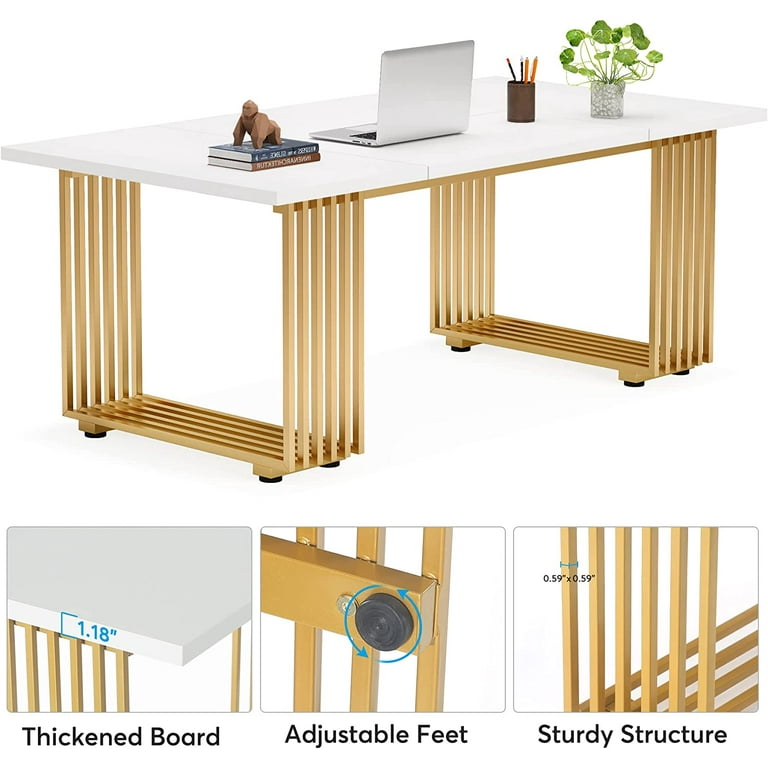 Tribesigns White Executive Desk with Gold Metal Legs,70.9 Tribesigns White Executive Desk with Gold Metal Legs,70.9