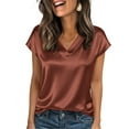 thumbnail image 2 of Women Silk Satin Tops Short Sleeve V Neck Dressy Blouse Business Casual Shirts Ladies Elegant Outfits Coffee 2XL, 2 of 5