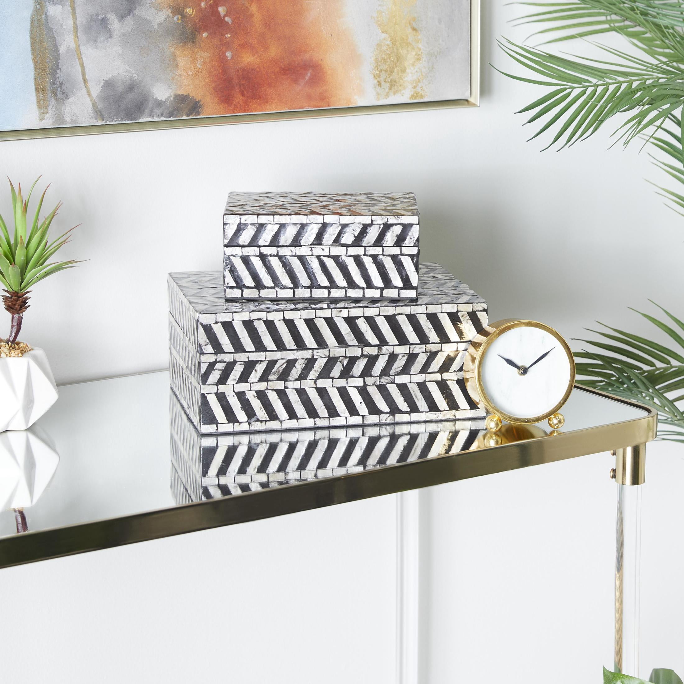 DecMode Handmade Chevron Pattern Gray Mother of Pearl Shell Decorative Box with Hinged Lid, 2 Count