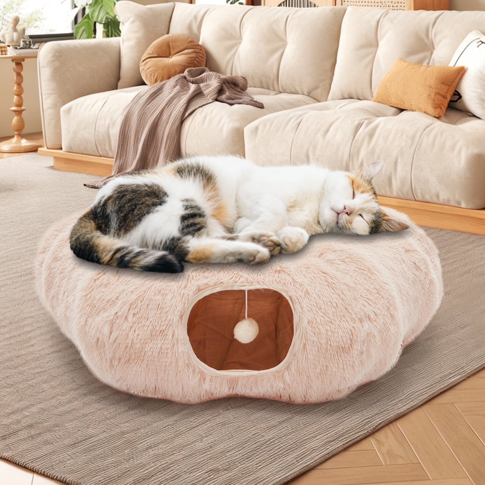 LIFERECORD Cat Tunnel with Cat Bed for Indoor Cats, Under Christmas Tree Soft Plush Peekaboo Cat Cave Donut Tunnel, Multifunctional Playground Toys Hideplace for Kittens, Rabbit - Bege