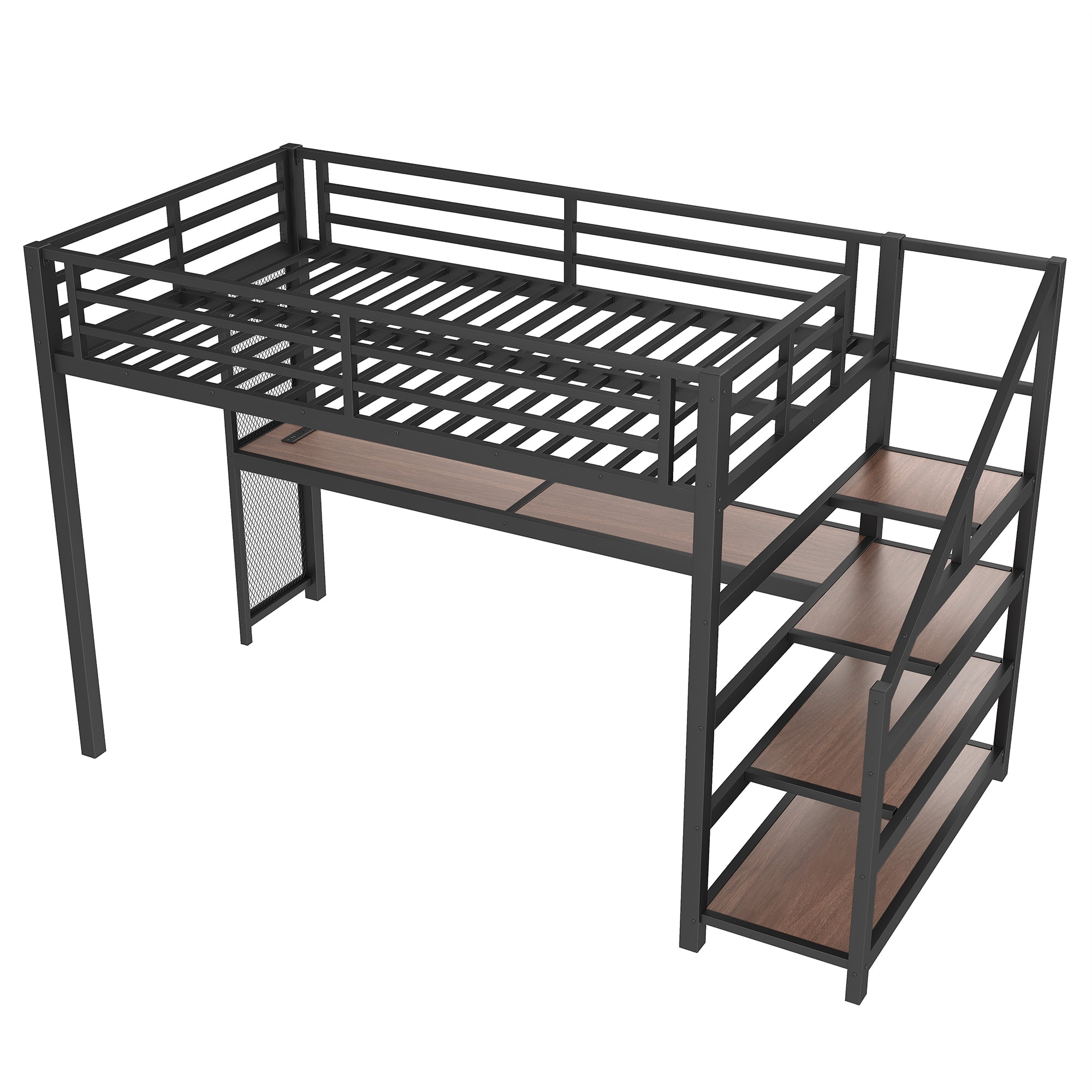 Mintazer Twin XL Loft Bed with Desk & Storage Stairs, Metal Bed Frame with LED Lights & USB Ports for Bedroom Dorm, Black