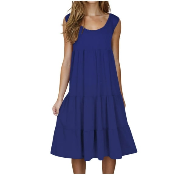 Uaswgudfs Summer Dresses for Women 2025 Sleeveless Sundress: Round Neck Midi Dress with Tiered Skirt & Breezy Fit Dark Blue XL