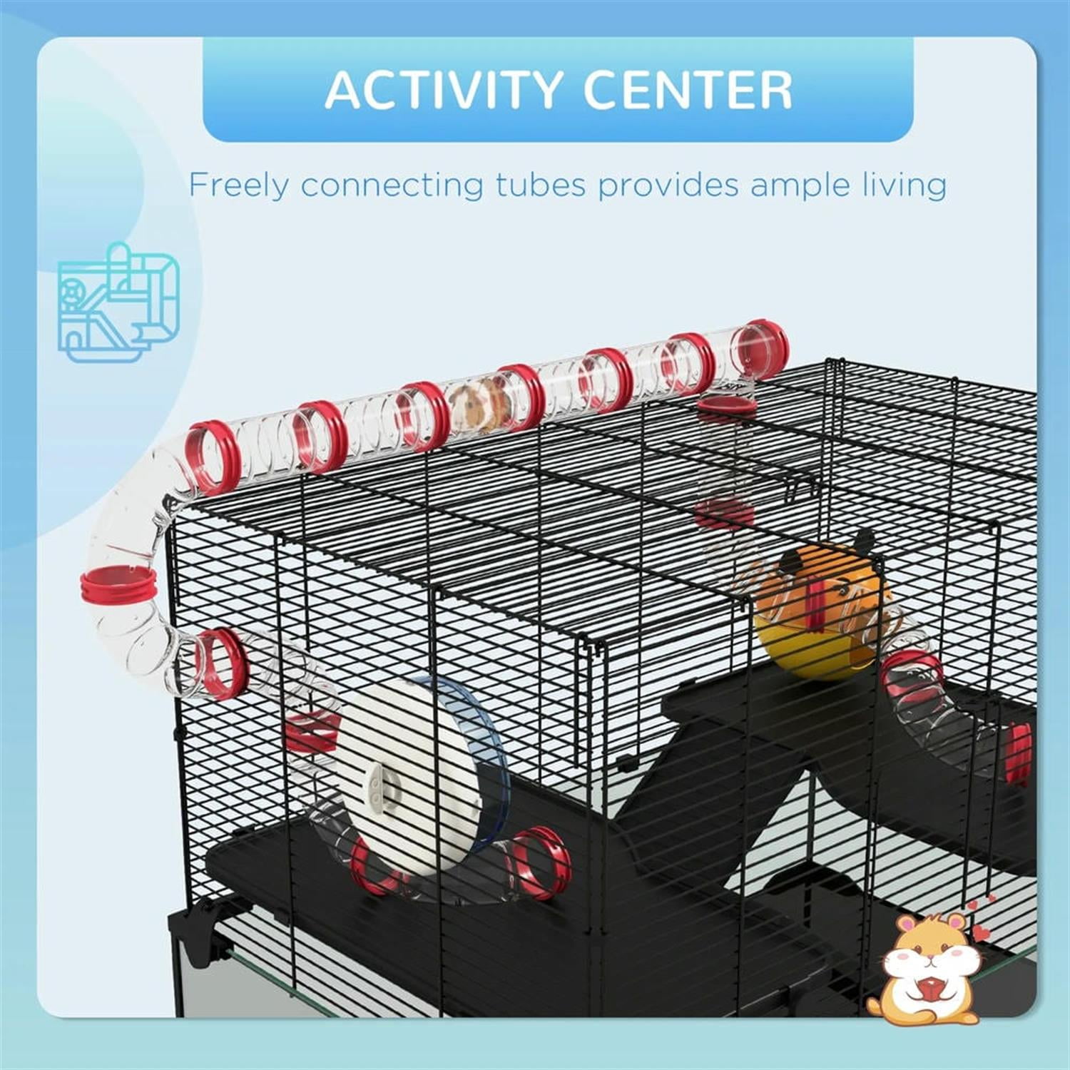 Kadyn 31" Hamster Cage, Gerbil Cage with Glass Basin, Tube and Tunnel for Small Hamsters, 2 Levels Small Animal Habitats, Black