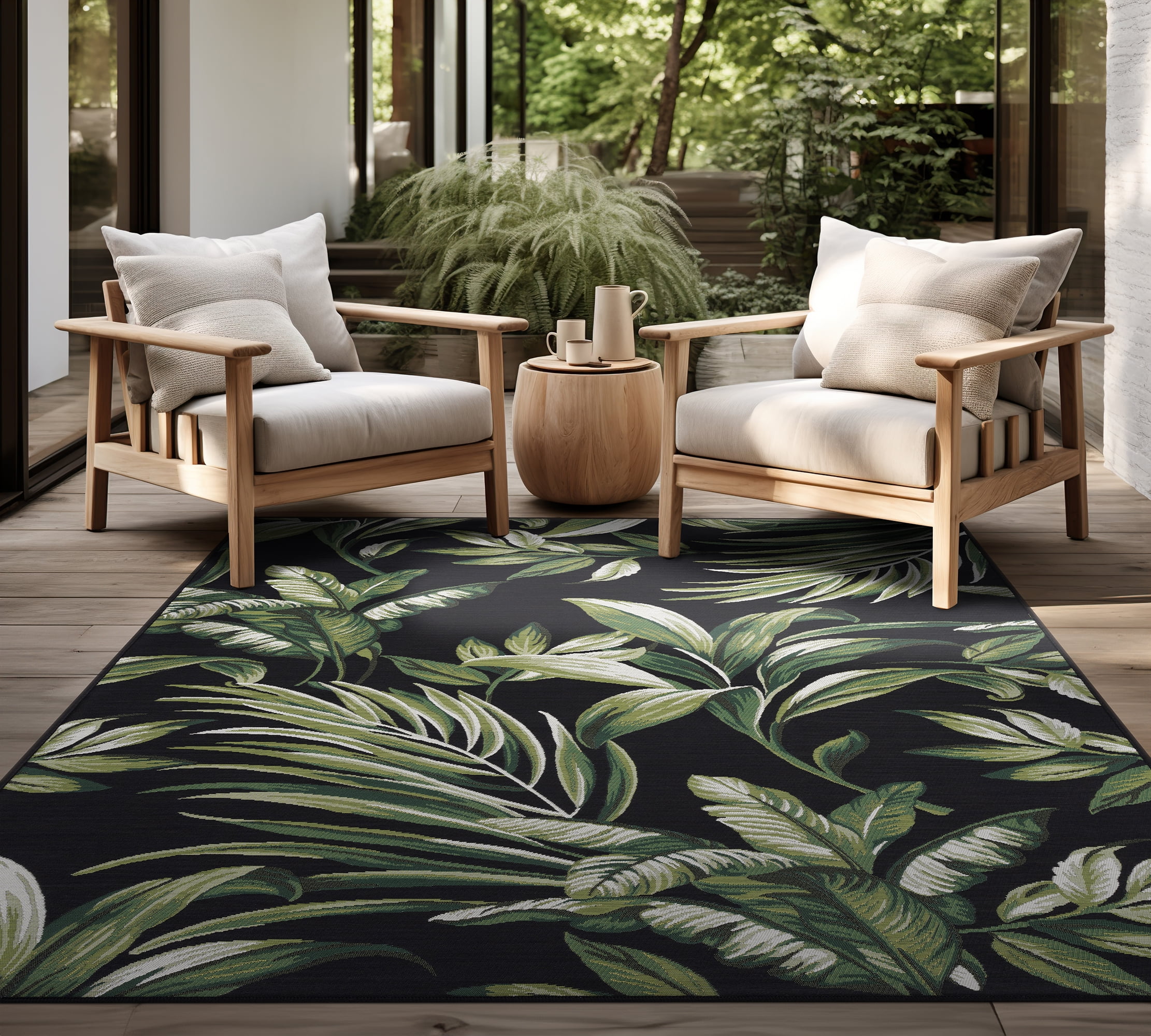 Stunning Transitional 8' x 10' Black and Green Polypropylene Outdoor Area Rug