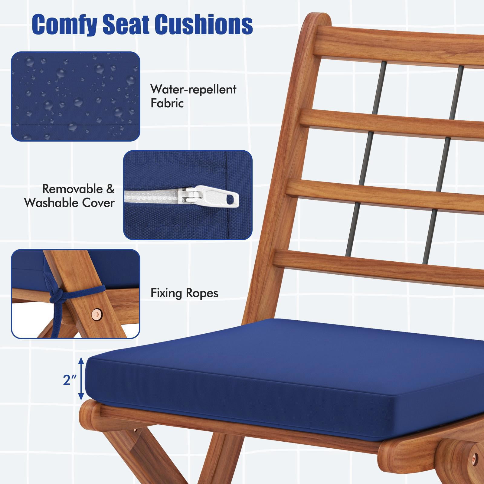 Hommoo 3 Pcs Acacia Wood Patio Bistro Set, Outdoor Folding Table and Chair Set with Navy Cushions