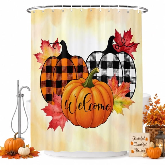Orange Pumpkin Shower Curtain, Waterproof Shower Curtains for Bathroom, Fall Thanksgiving Maple Leaf Rustic Plaid Washable Fabric Bathtub Curtain Set Bath Decor with 12 Hooks Stall 36"x72"