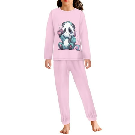 SEANATIVE Pink Panda Pajama for Girls Size 15-16 Years Long Sleeve Sleepwear Set 2 Piece Cute Kids Pajamas with Pockets Soft Comfy Night Wear Crew Neck Sleep Outfits