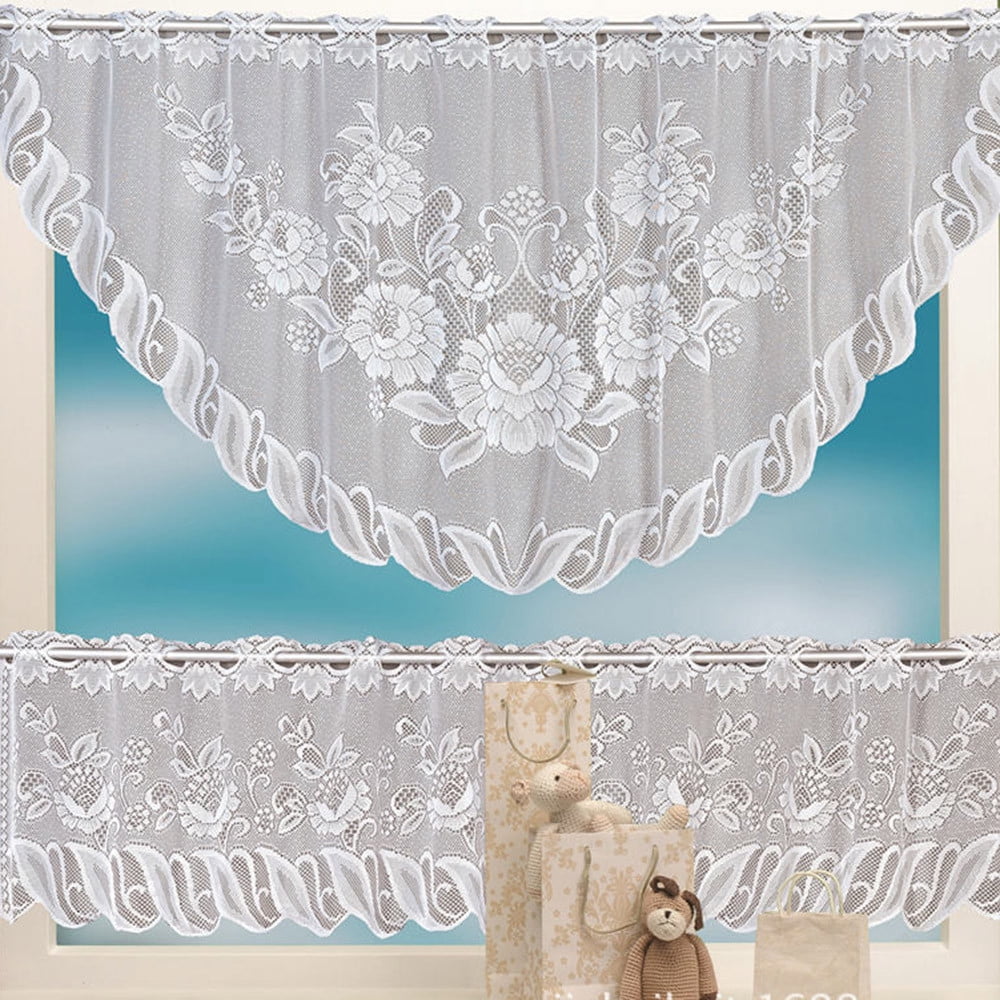 Lace Coffee Cafe Net Curtain Panel Tier Curtain Set Kitchen Window Curtains 