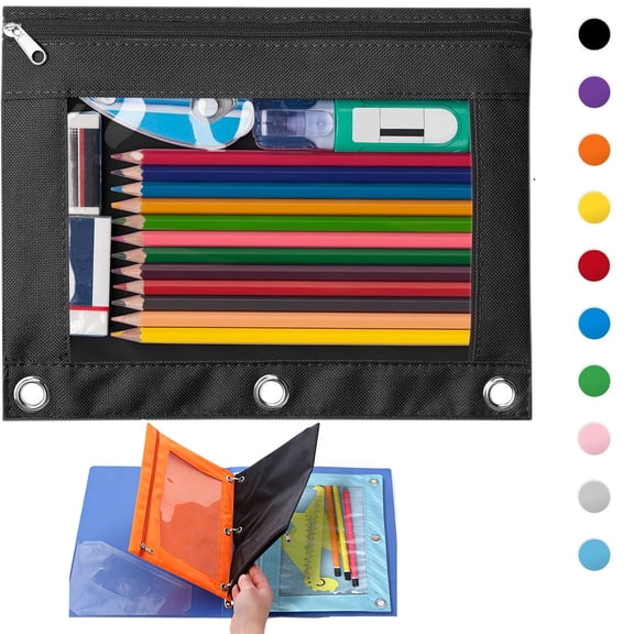 Yhmxh 3-Ring Pen Pencil Pouch with Clear Window, Stationery Bag Binder Case with Smooth Zipper, Large Capacity Binder Pencil Pouch Office Organizer, Pen Bag Pencil Case Binder Accessories