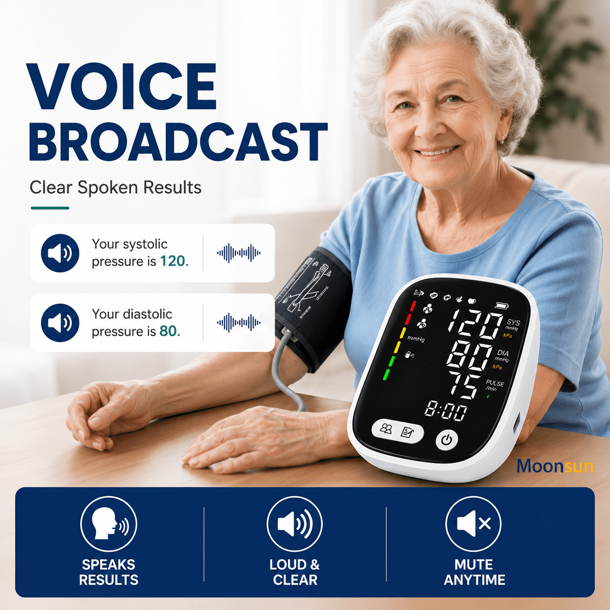 Moonsun Automatic Upper Arm Blood Pressure Monitor, 5.5″ Backlit Display, Rechargeable & Broadcast Voice, Large Cuff 8.7”-16.6”, 2-User 180 Memories for Home Use