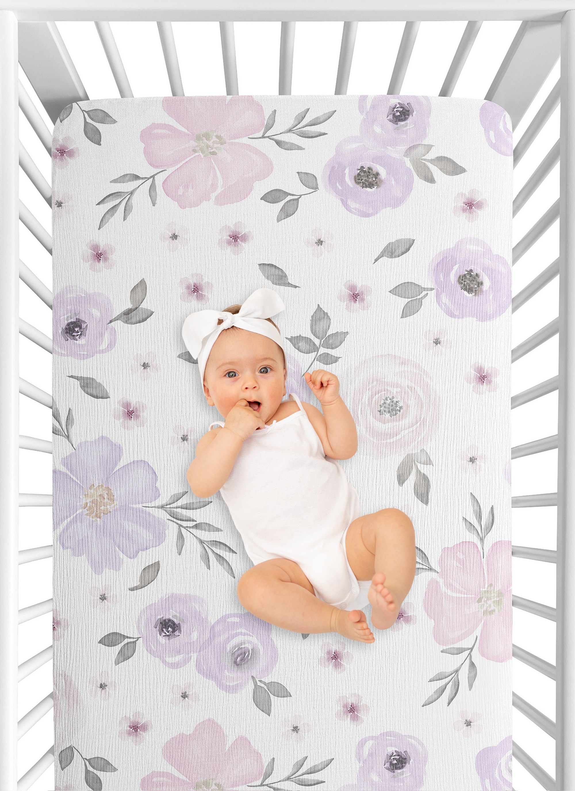 Sweet Jojo Designs Watercolor Floral Lavender And Grey Girl 100% Cotton Muslin Fitted Crib Sheet