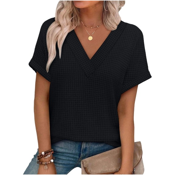 Womens Short Sleeve Sweater Knit Tops V-Neck Spring Summer T-Shirts Casual Blouses Outfits Solid Striped