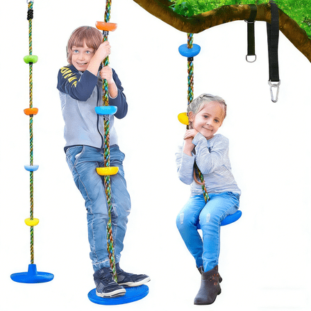 Qunler Tree Swing for Kids, 3-in-1 Climbing Rope with Platforms and Disc Seat Swing Set, Indoor Outdoor Swing for Outside Trees Treehouse, 1 Pc, Blue or Red Color May Vary