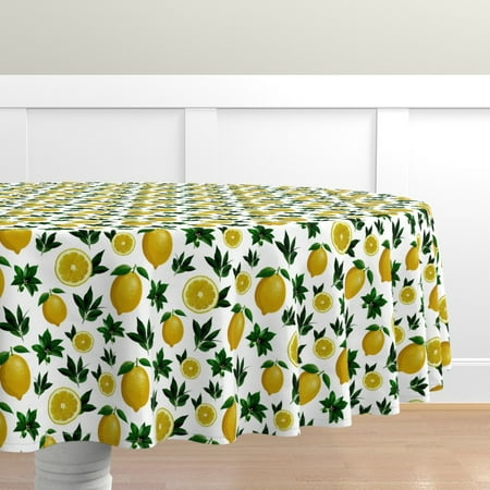 

Cotton Sateen Tablecloth 90 Round - Lemon Love White Vintage Lemons Victorian Citrus Pattern Yellow Green Summer Print Custom Table Linens by Spoonflower