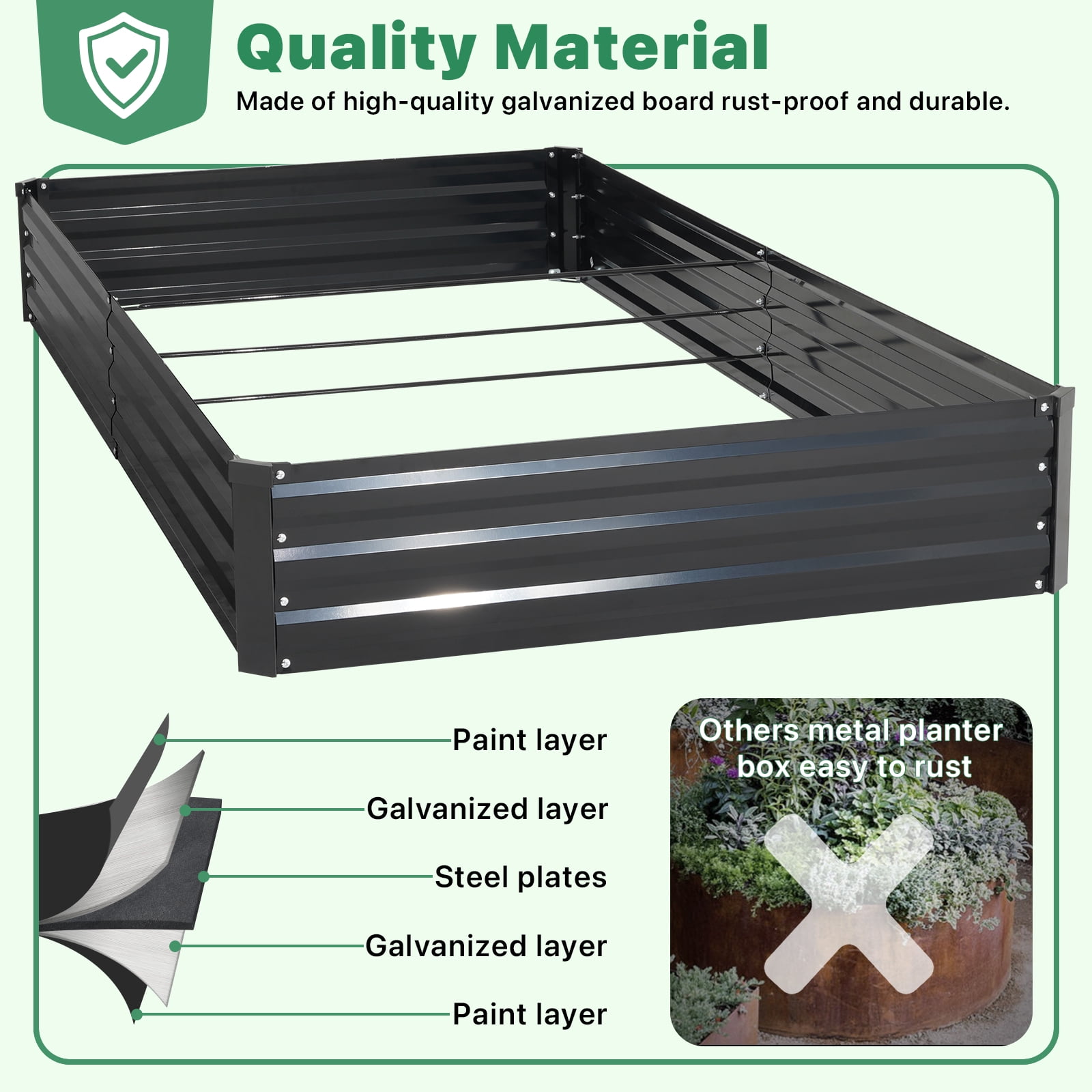 AMOBRO 8x4x1ft Outdoor Metal Raised Garden Bed Planter Box for Vegetables, Flowers, Herbs w/ 3 Tomato Cages Black