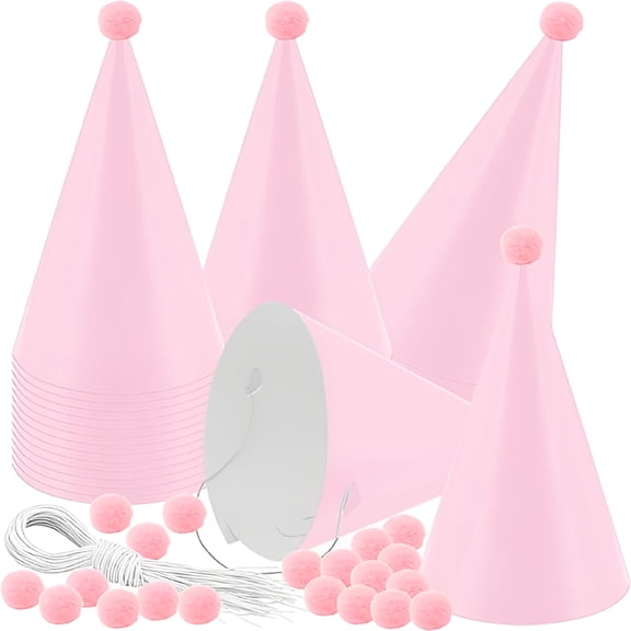 BESTSKY 24 PCS Party Cone Hats with Pom Poms DIY Birthday Paper Cone Hats for Birthday,Baby Shower,Bridal Shower