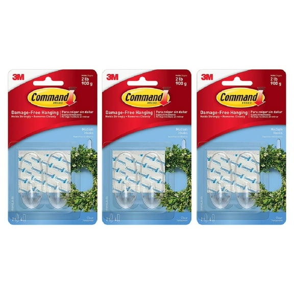 3M Command Clear Medium Hooks Holds 2lb Damage Free Adhesive 2 Hooks, 3-Pack