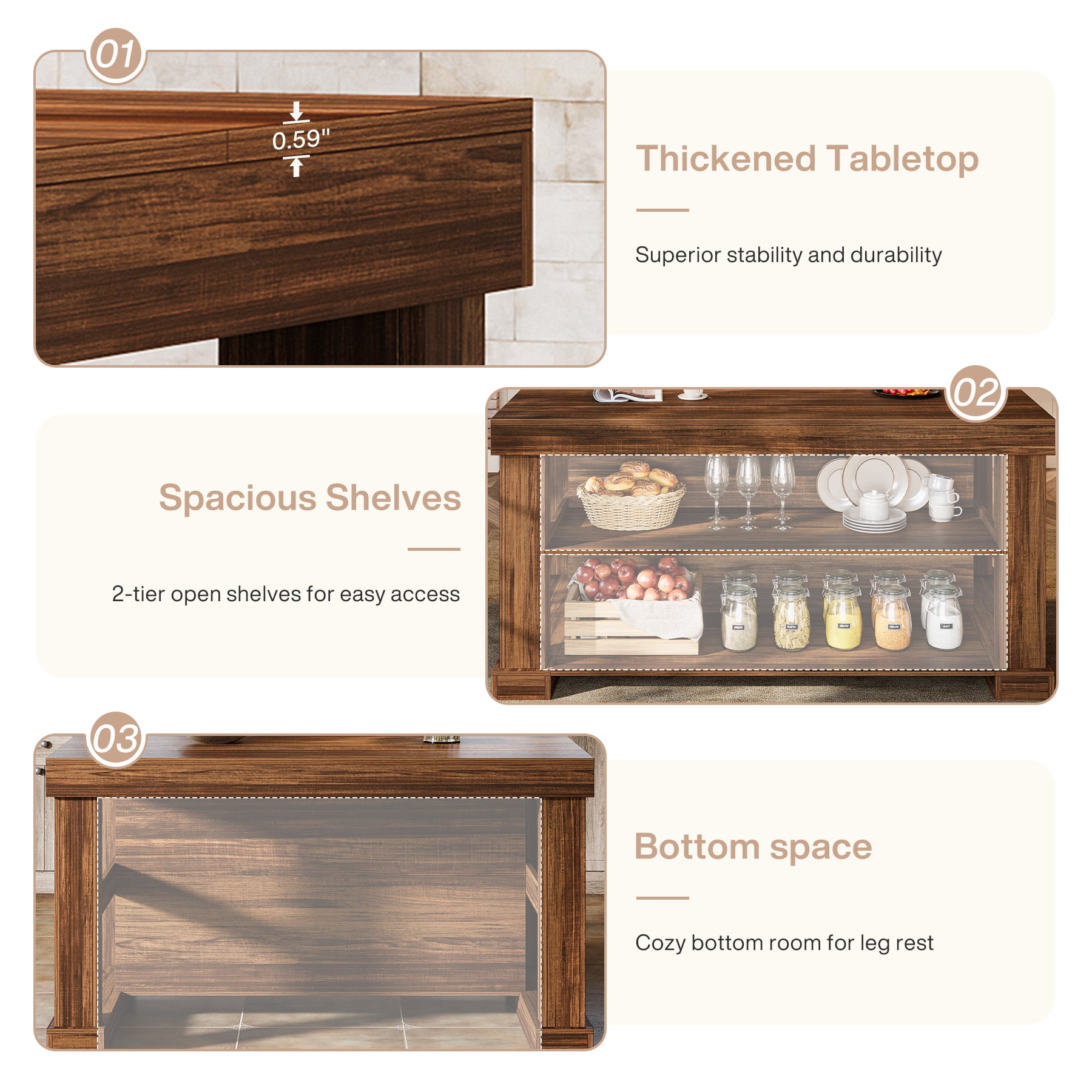55-Inch Home Bar Unit, 3-Tier Bar Table with Ample Storage, Rustic Brown