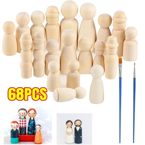 68 PCS Wooden Peg Dolls Unfinished with Storage Display Case,  Paints and Brushes- Full Set Natural Wood