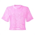 thumbnail image 4 of CUZIBR Womens Stylish Casual Shirts Hollow Out Cover Up Short Sleeve Round Neck Fashion Mesh Smock Solid Color Crop Tops T Shirt Dailywear,Purple,XS, 4 of 5