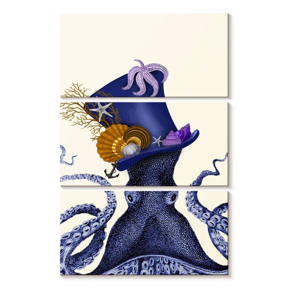 Elephant Stock Octopus Nautical Hat Wall Art - Vertical Multi Panel Canvas - Living Room Wall Decor - Animal Multi Panel - Blue And Beige Decor By Fab Funky - 14" x 23"