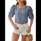 thumbnail image 2 of Blusa de Mujer con Cuello Redondo, Mangas Abullonadas y Tejido Jacquard de Bola de Pelo, de Verano y Otoño 2025 Azul Niebla L, 2 of 10