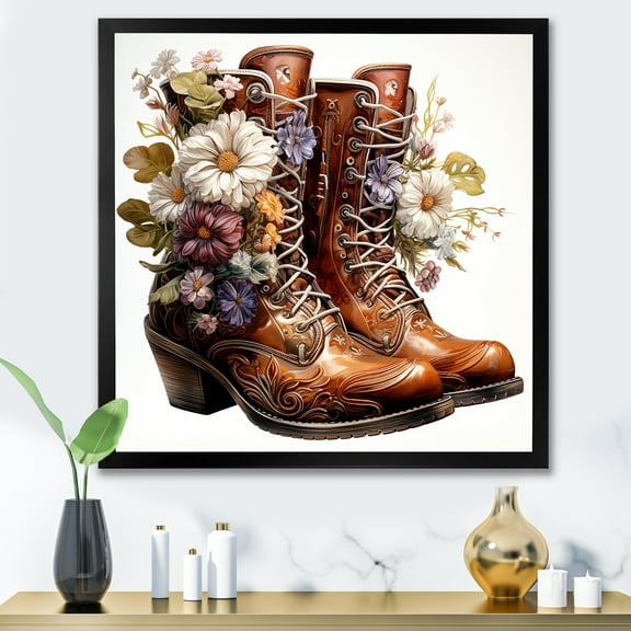 Designart "Western Boot with Brown Flower Blossoms II" People Framed Wall Art Decor - International Brown Cowboys Living Room Framed Canvas Art