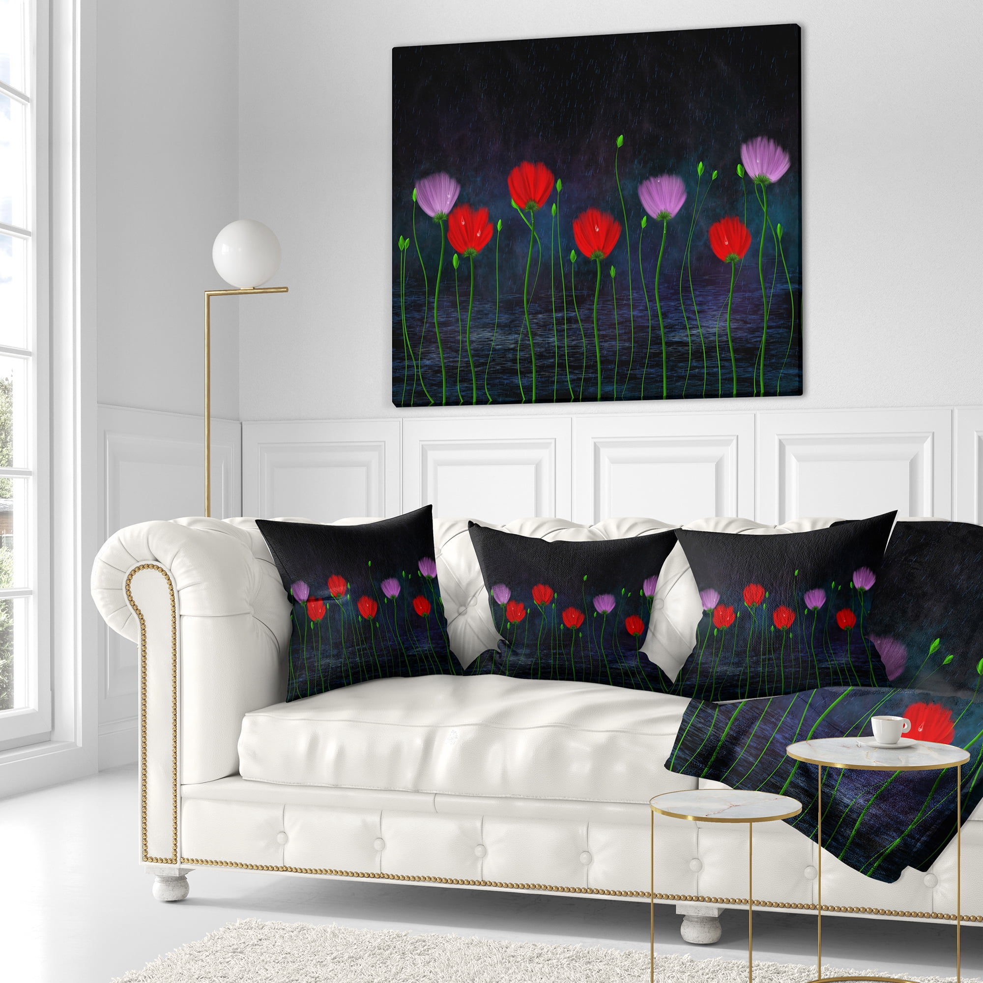 Designart Rain and Flowers with Buds and Drops - Floral Throw Pillow - 18x18