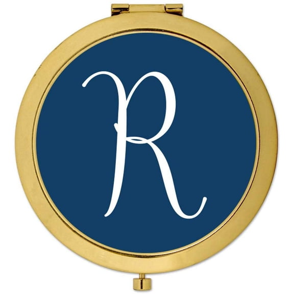 Koyal Wholesale Gold Compact Mirror Bridesmaid's Wedding Gift, Navy Blue, Monogram Letter R, 1-Pack