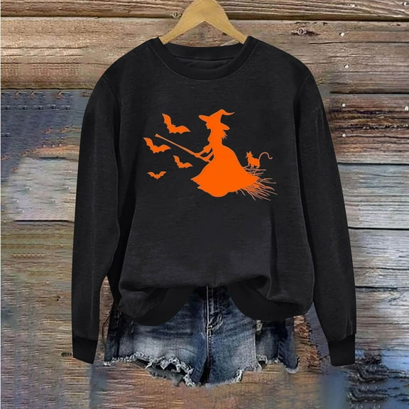 Neewe Women's Halloween Printed Crew Neck Sweatshirt Loose Soft Long Sleeve Pullover Casual Tops