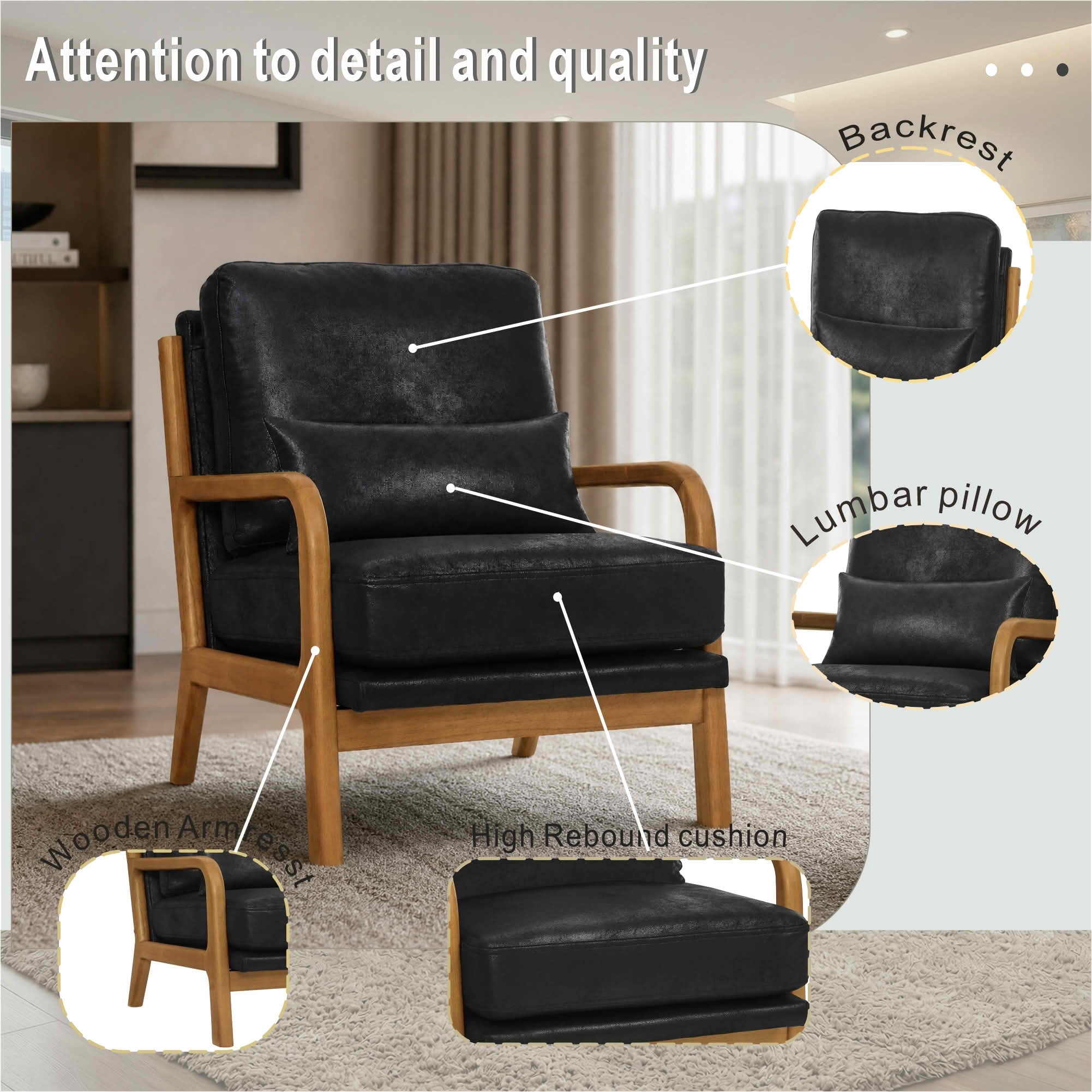 MAYEERTY 26 In Solid Wood Armchair, Curved Armrests, Foil Fabric, Memory Foam, Black, 300 lb