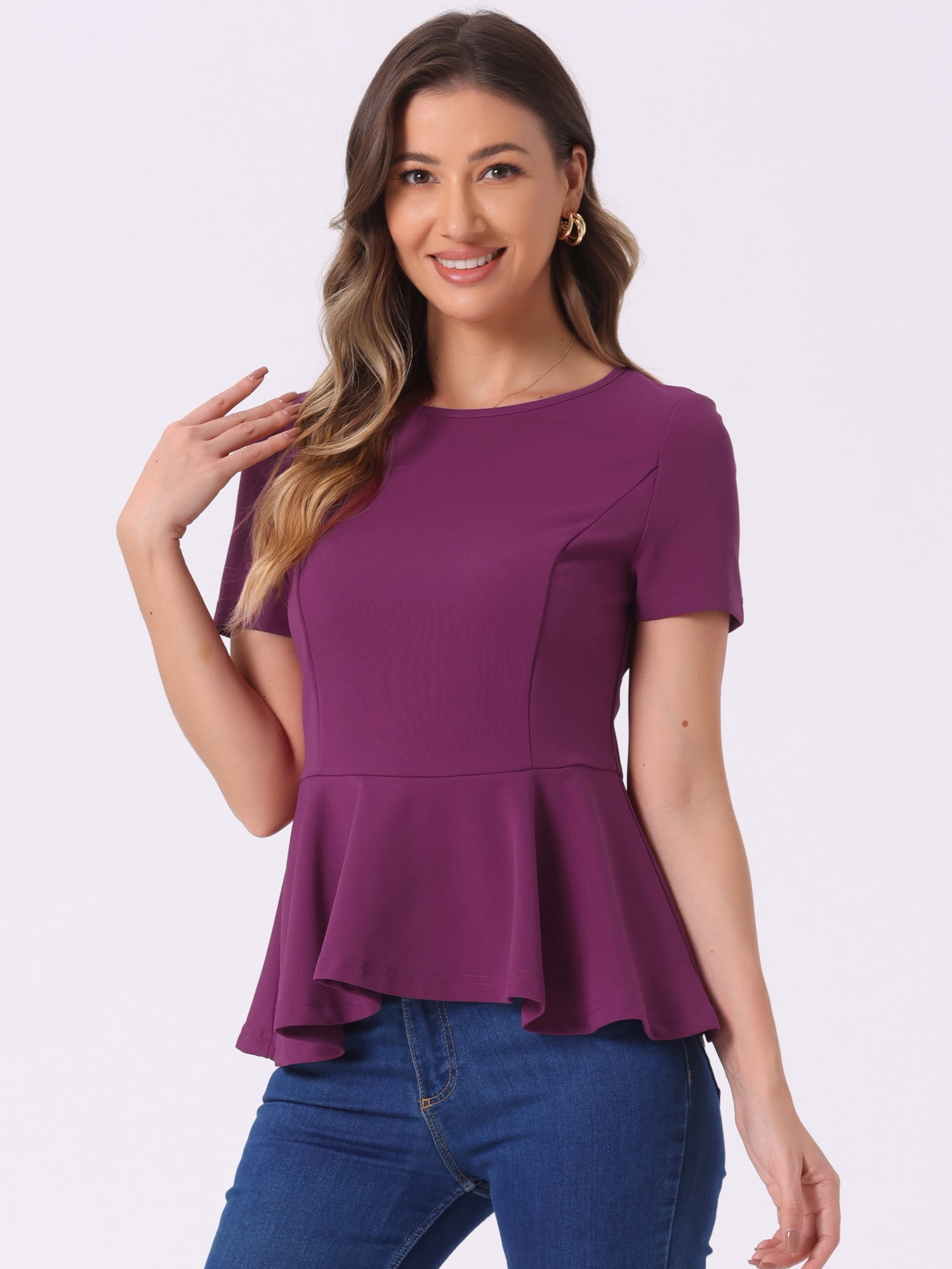 DARING DIVA Women's Peplum Tops Short Sleeve Crew Neck Blouse S Purple