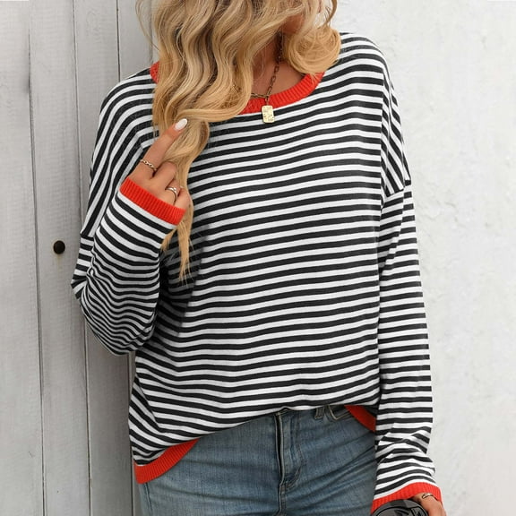 Fartey Oversized Striped Sweaters for Women 2025 Fashion Fall Long Sleeve Crew Neck Pullover Tops Y2K Drop Shoulder Sweaters
