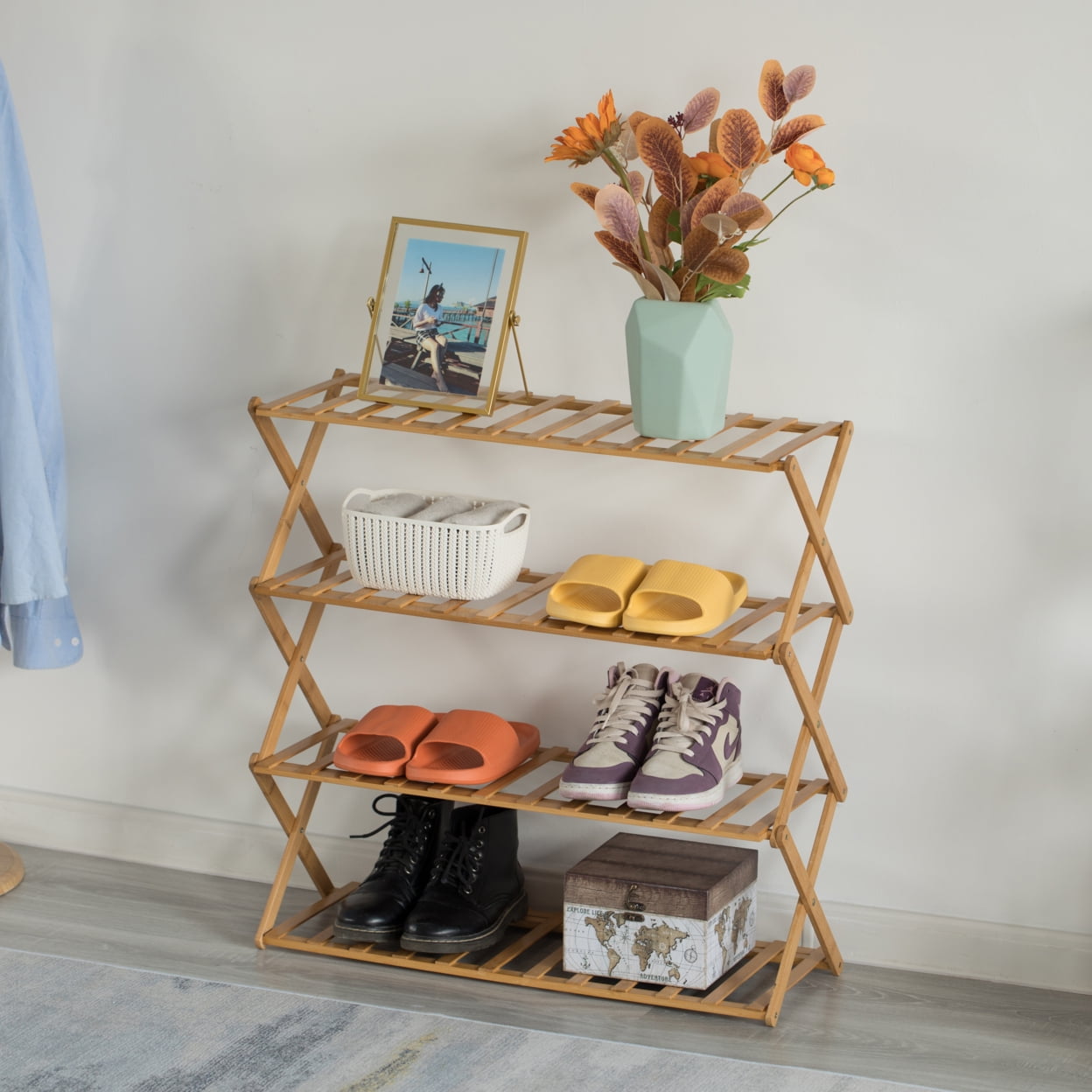 Basicwise Foldable Bamboo Shoe Rack and Storage Shelf Multi-Purpose Wooden Organizer for Entryway Closet or Living Room Space-Saving Stand for Shoes Slippers Plants Towels and Home Décor, 4-Tier