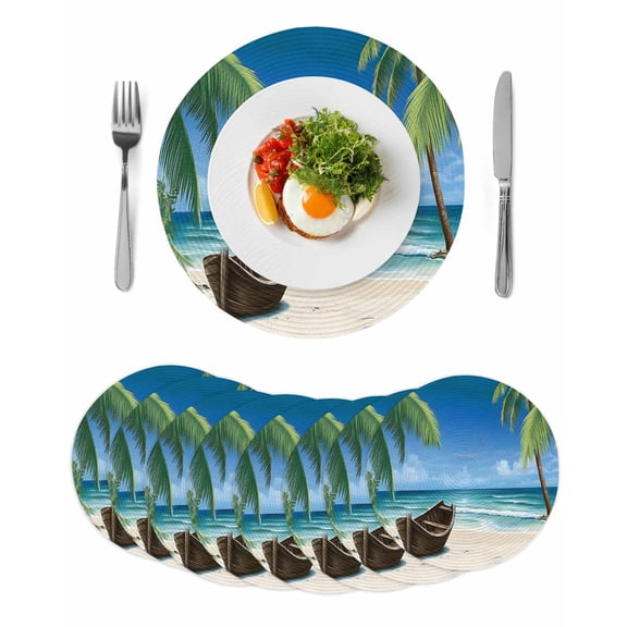Ocean Beach Round 15 Inch Placemats Set of 8, Blue Coastal Palm Tree Nautical Sailboat HeatResistant Non Slip Place Mats for Dining Table, Wipeable Braided Kitchen Table Mats for Housewarming