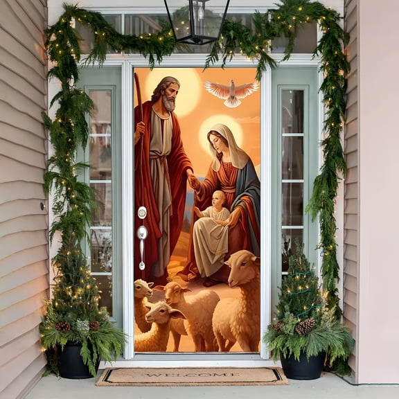 LAMIRO Christmas Door Cover,Christmas Theme Exquisite Front Door Decoration,Christmas Door Covers for Front Door 35 X 71 Inch