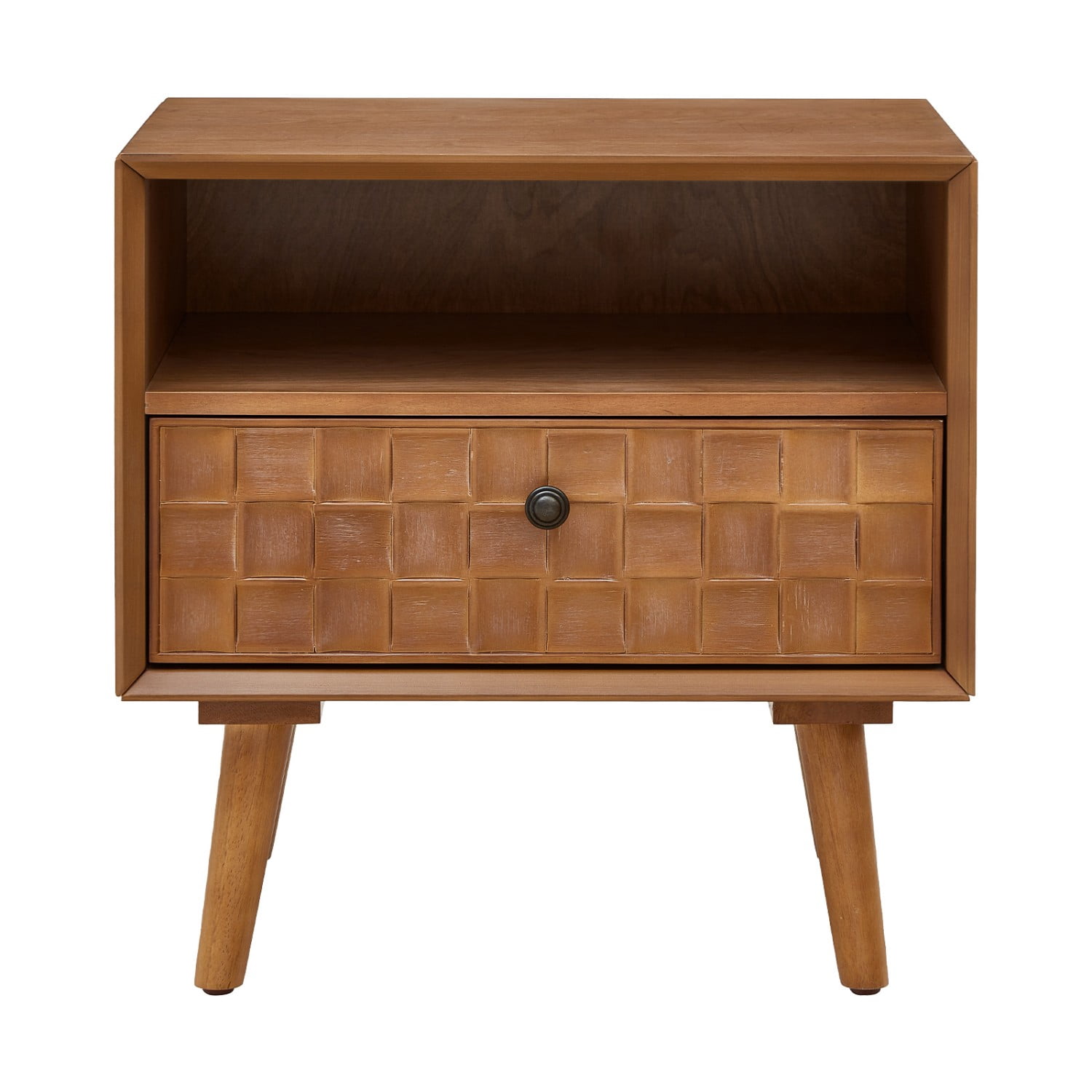 22" Mid Century Modern Nightstand with Drawer and Open Shelf, Wood Bedside Table with Carved Geometric Front, Solid Wood Legs, Small End Table for Bedroom Living Room, Golden Oak