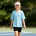 thumbnail image 5 of Girls 2pc Outfits Summer Short Sleeve V Neck Drop Shoulder T-Shirts Basic Leggings Shorts Sets Light Blue 6-7 Years, 5 of 7