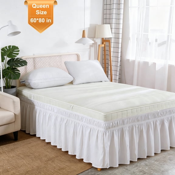 Queen Size Wrap Around Bed Skirt, 15 Inch Drop Elastic Ruffled Bed Skirt, No Lift Mattress Easy‑Fit Dust Ruffle, White Wrinkle Resistant Soft Fabric Bed Skirt