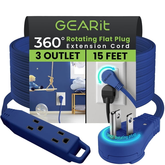 GEARit 360 Rotating Flat Plug Extension Cord with 3 Outlets (15ft, Navy) 16AWG/13A 3 Prong Wire, Outlet Saver for Home Office Dorm Room Essentials, ETL Certified